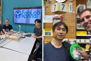 Adrian durante la visita al Fab Lab Kannai, con Yuichi y Naoki